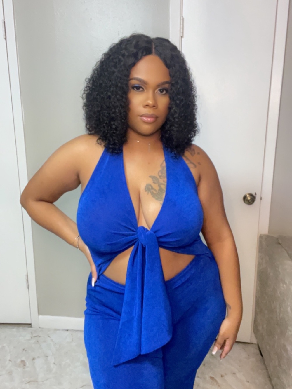 Blue Tie-Front Halter Jumpsuit